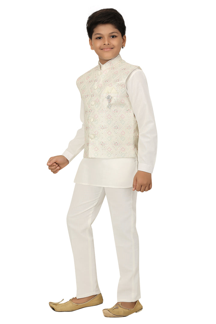 Ahhaaaa Kids Ethnic Chikan Work Waistcoat Kurta and Pajama Set For Boys