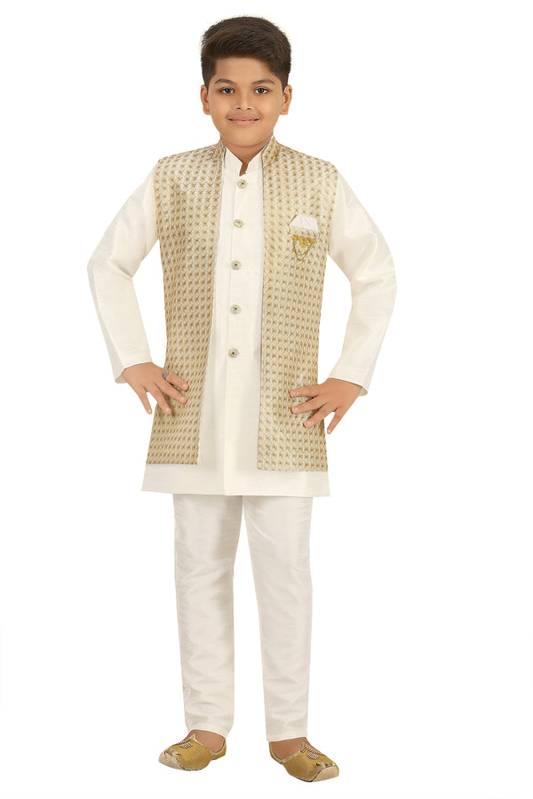 Ahhaaaa Kids Ethnic Silk Blend Indo-Western Sherwani and Kurta Pyjama Set for Boys