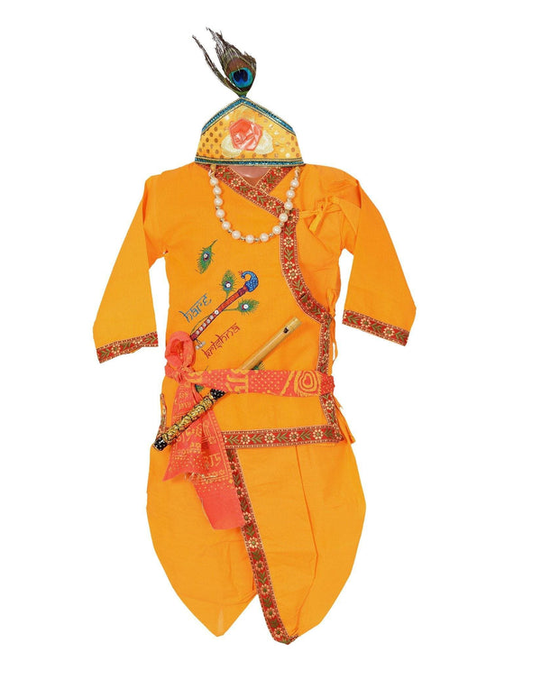 Ahhaaaa Cotton Stone Work Krishna Dress Handicraft Kurta with Dhoti Pant for Boys Yellow