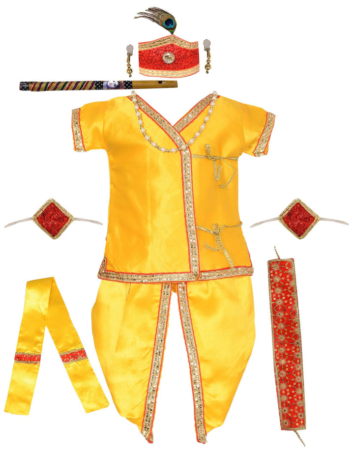 Ahhaaaa Satin Yellow Platinum Krishna Dress Kurta Dhoti with Accessories for Boys - ahhaaaa.com