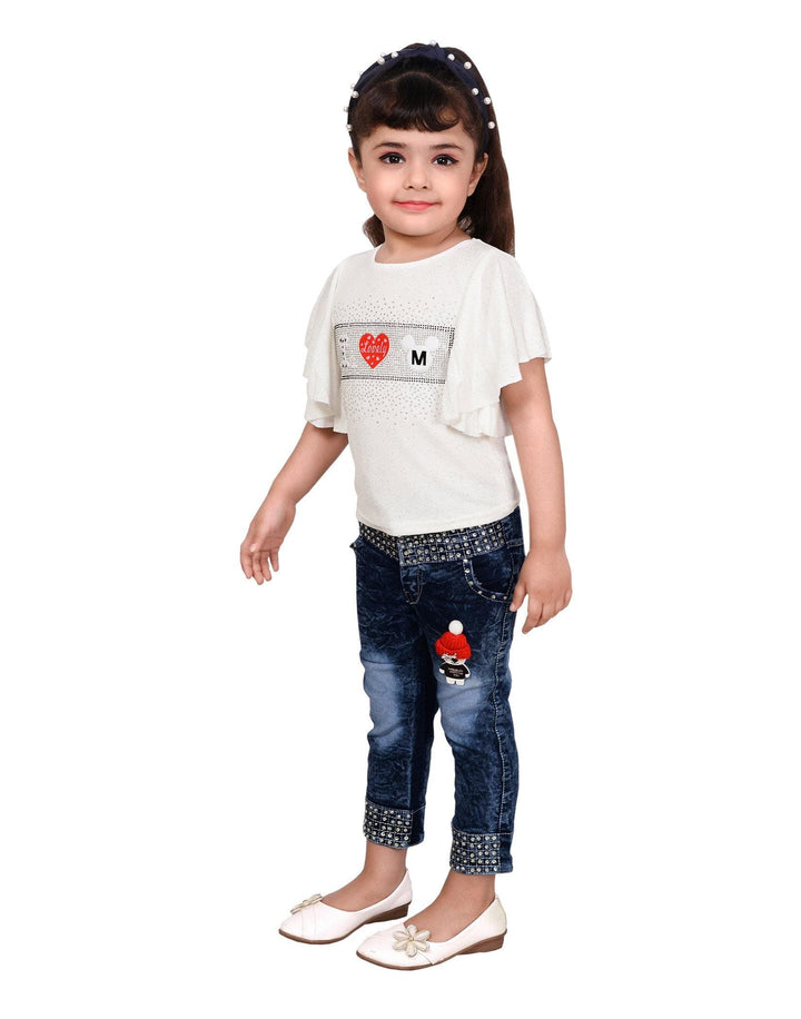 Ahhaaaa Kids Western White Top with Denim Pant for Baby Girls - ahhaaaa.com
