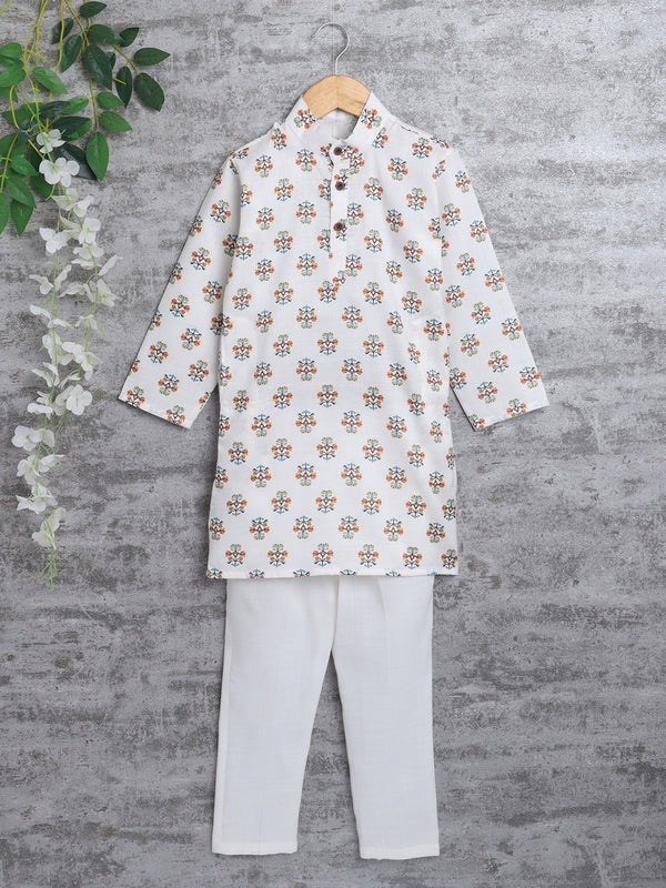 Ahhaaaa Kid's Boys Traditional Ethnic Wear Handloom Printed Cotton Kurta with White Pyjama Set