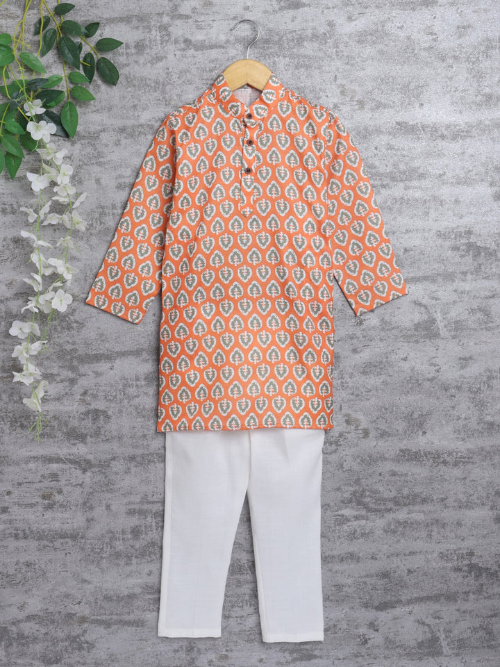 Ahhaaaa Kid's Boys Traditional Ethnic Wear Handloom Printed Cotton Kurta with White Pyjama Set Orange