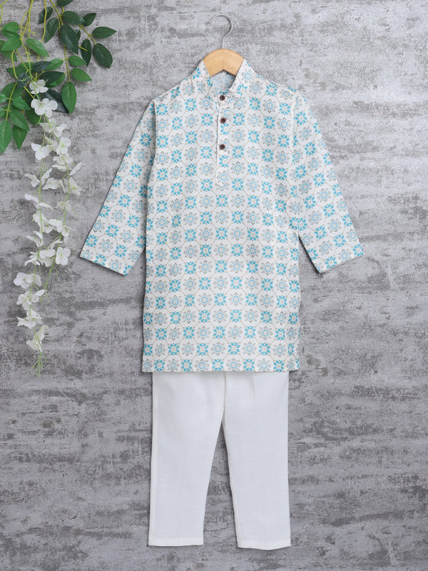 Ahhaaaa Kid's Boys Traditional Ethnic Wear Handloom Printed Cotton Kurta with White Pyjama Set