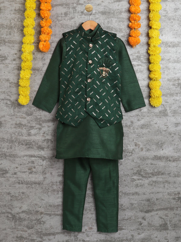 Ahhaaaa Kids Ethnic Indo Western Sherwani and Pyjama Set for Boys Green