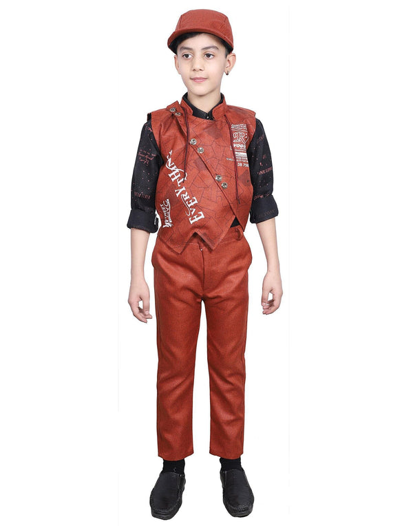 Ahhaaaa Kids Ethnic Cotton Blend Waistcoat Shirt and Trouser with Cap for Boys - ahhaaaa.com