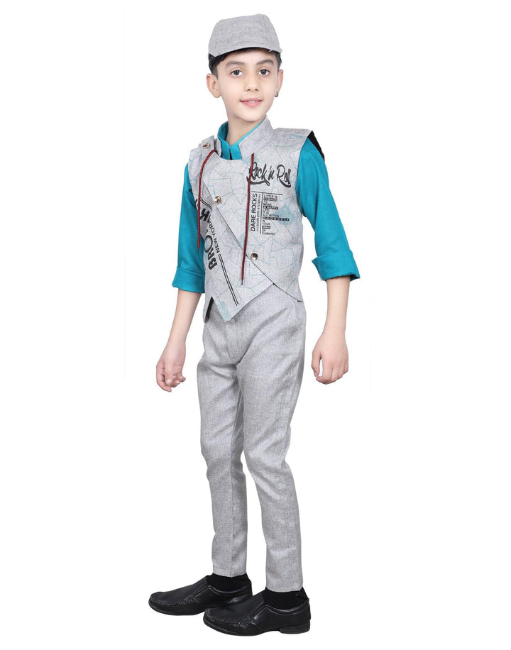 Ahhaaaa Kids Ethnic Cotton Blend Waistcoat Shirt and Trouser with Cap for Boys - ahhaaaa.com