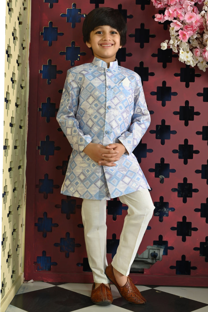 Ahhaaaa Kids Ethnic Silk Blend Indo-Western Sherwani Set For Boys Blue
