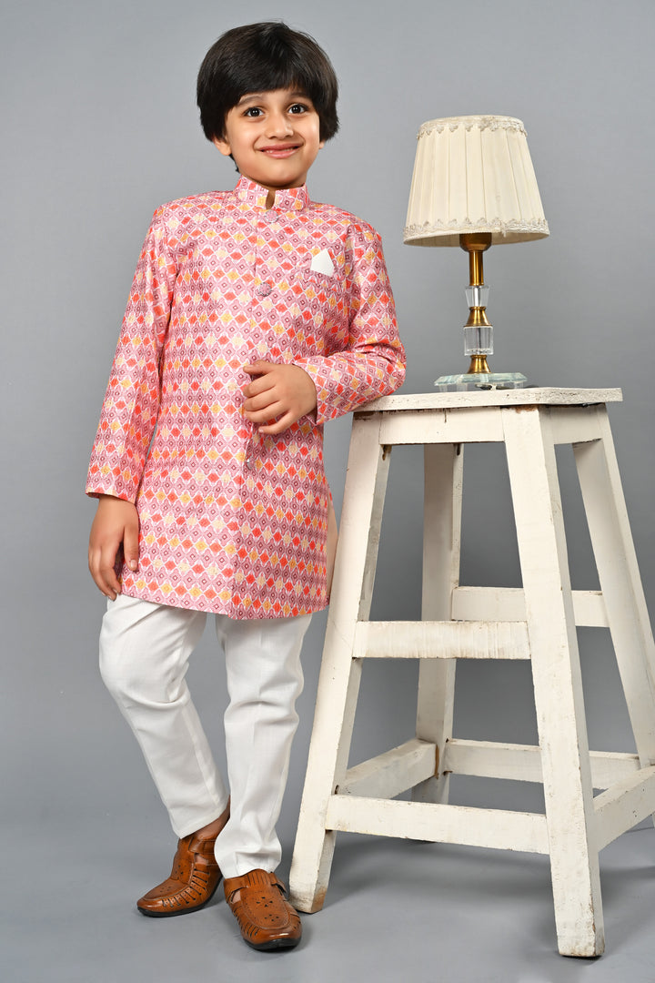 Ahhaaaa Kids Ethnic Silk Blend Indo-Western Sherwani Set For Boys 491 Pink