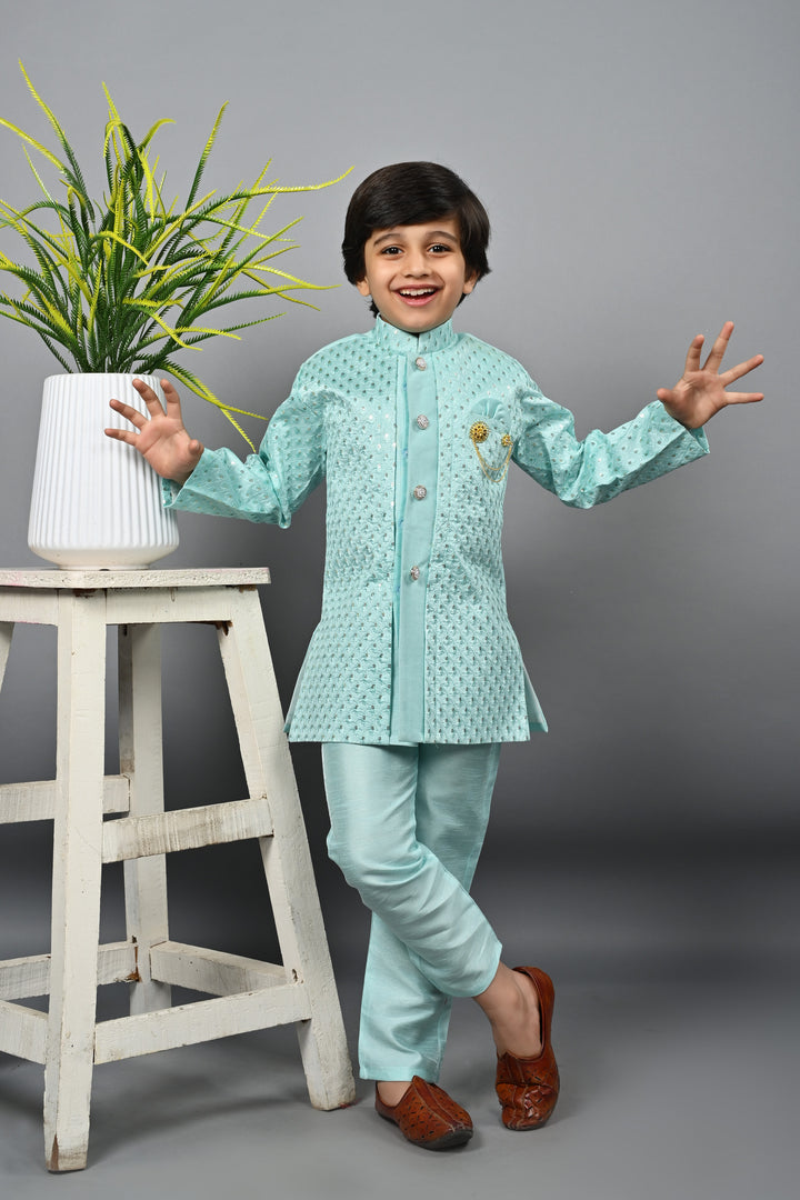 Ahhaaaa Kids Ethnic Silk Blend Indo-Western Sherwani Set For Boys Turquoise