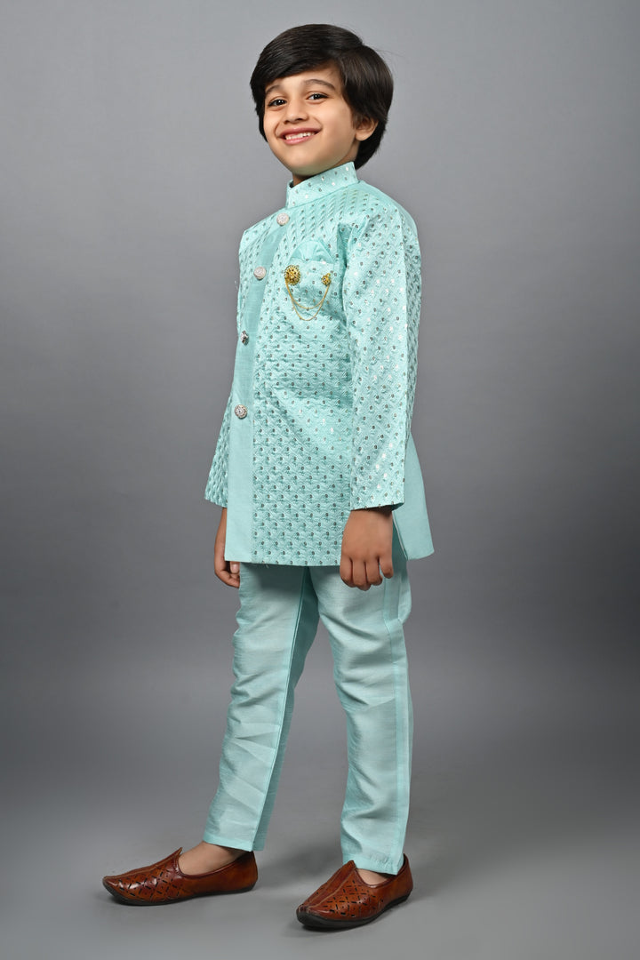 Ahhaaaa Kids Ethnic Silk Blend Indo-Western Sherwani Set For Boys