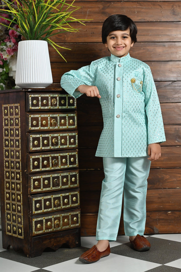 Ahhaaaa Kids Ethnic Silk Blend Indo-Western Sherwani Set For Boys