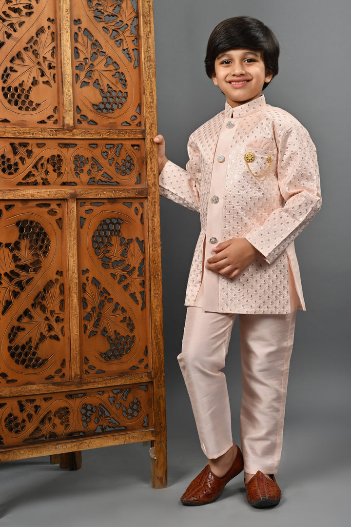 Ahhaaaa Kids Ethnic Silk Blend Indo-Western Sherwani Set For Boys