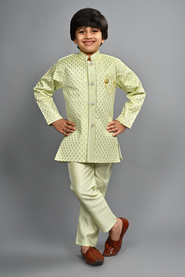 Ahhaaaa Kids Ethnic Silk Blend Indo-Western Sherwani Set For Boys