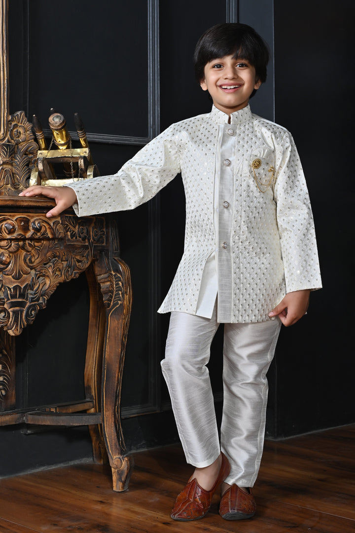 Ahhaaaa Kids Ethnic Silk Blend Indo-Western Sherwani Set For Boys