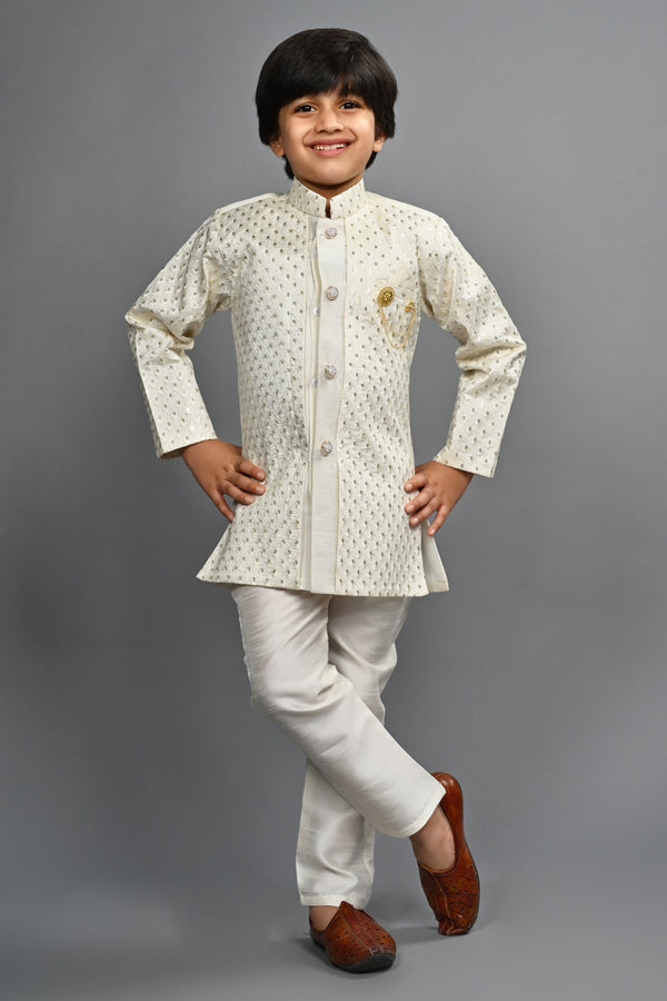 Ahhaaaa Kids Ethnic Silk Blend Indo-Western Sherwani Set For Boys