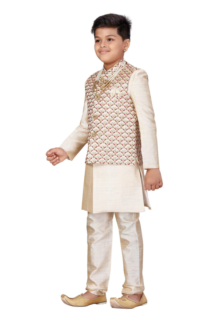 Ahhaaaa Kids Ethnic Banarasi Silk Waistcoat Kurta Pyjama Set for Boys - ahhaaaa.com