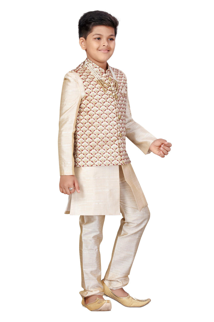 Ahhaaaa Kids Ethnic Banarasi Silk Waistcoat Kurta Pyjama Set for Boys - ahhaaaa.com