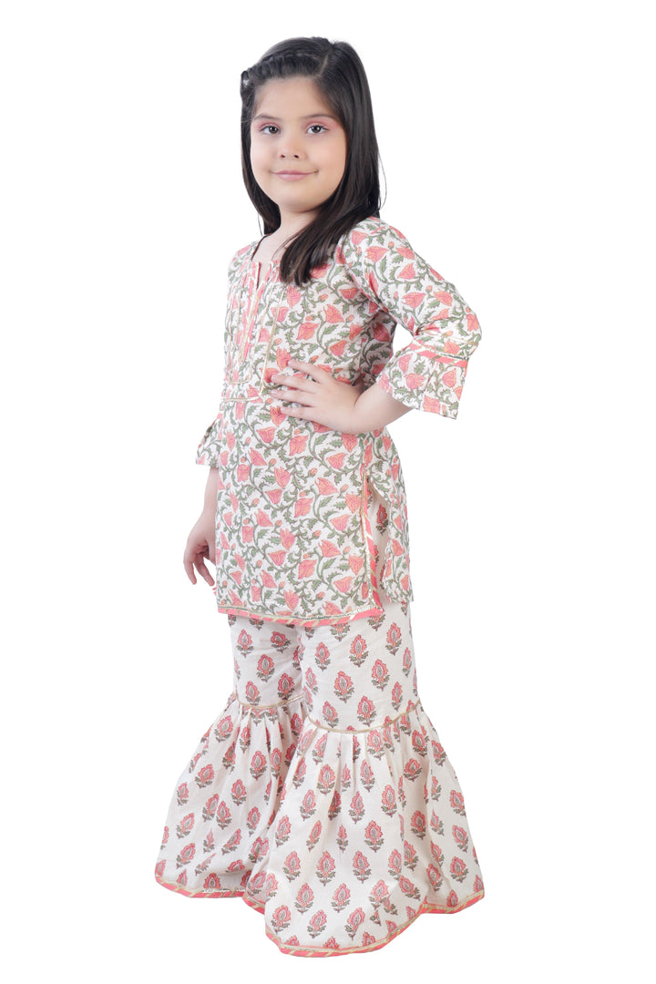 Ahhaaaa Kids Ethnic Cotton Jaipuri Printed Frill Sleeves Kurti and Sharara Set for Baby Girls - ahhaaaa.com