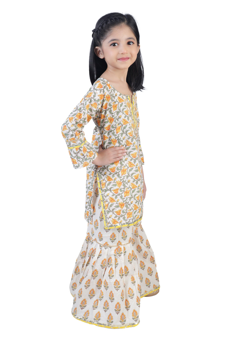 Ahhaaaa Kids Ethnic Cotton Jaipuri Printed Frill Sleeves Kurti and Sharara Set for Baby Girls - ahhaaaa.com