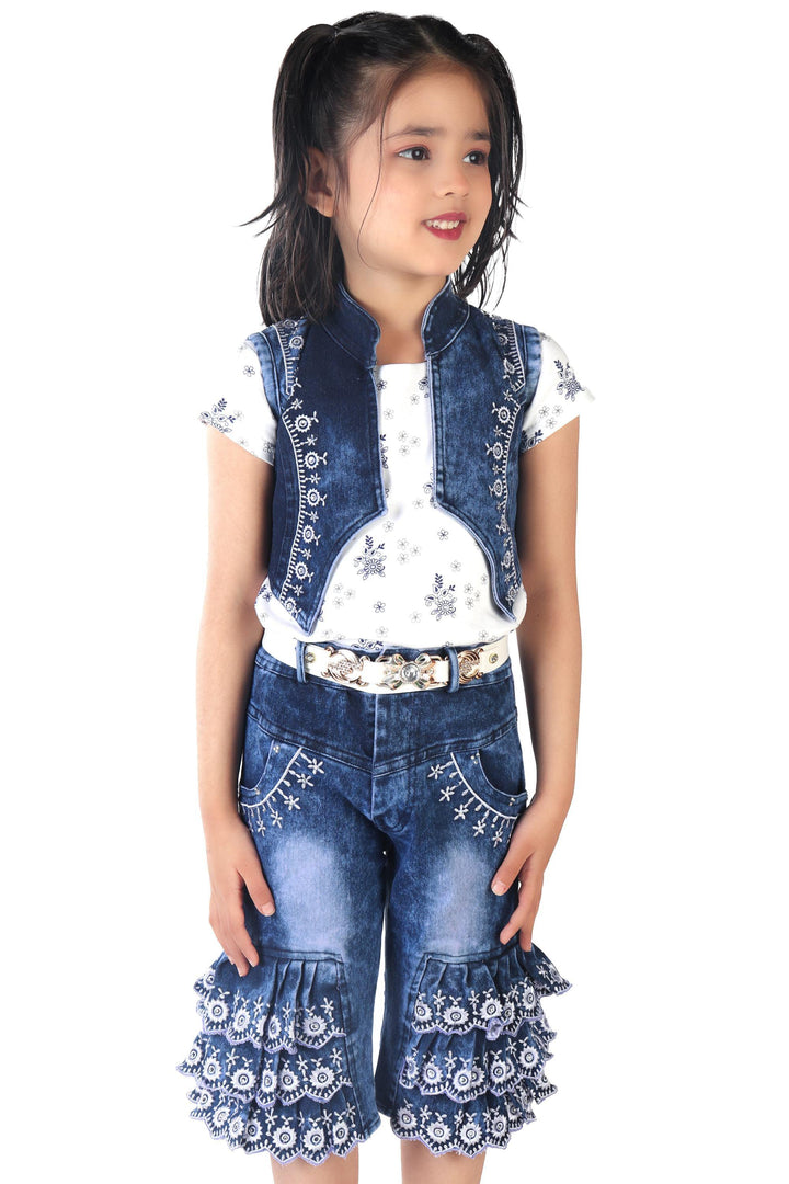 Ahhaaaa Kids Western Cotton Top and Denim Jacket with Capri Set for Baby Girls - ahhaaaa.com