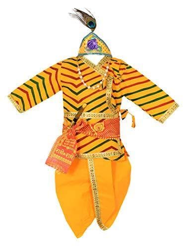 Ahhaaaa Cotton Zigzag Krishna Dress Kurta with Dhoti Pant for Boys Yellow