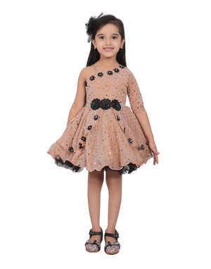 Ahhaaaa Embellished On-Shoulder Party Dress for Girls Beige