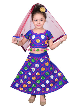 Ahhaaaa Girls Cotton Radha Dress Lehenga-Choli Chania Choli with Dupatta Set Blue