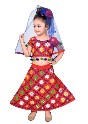 Ahhaaaa Girls Cotton Radha Dress Lehenga-Choli Chania Choli with Dupatta Set Red