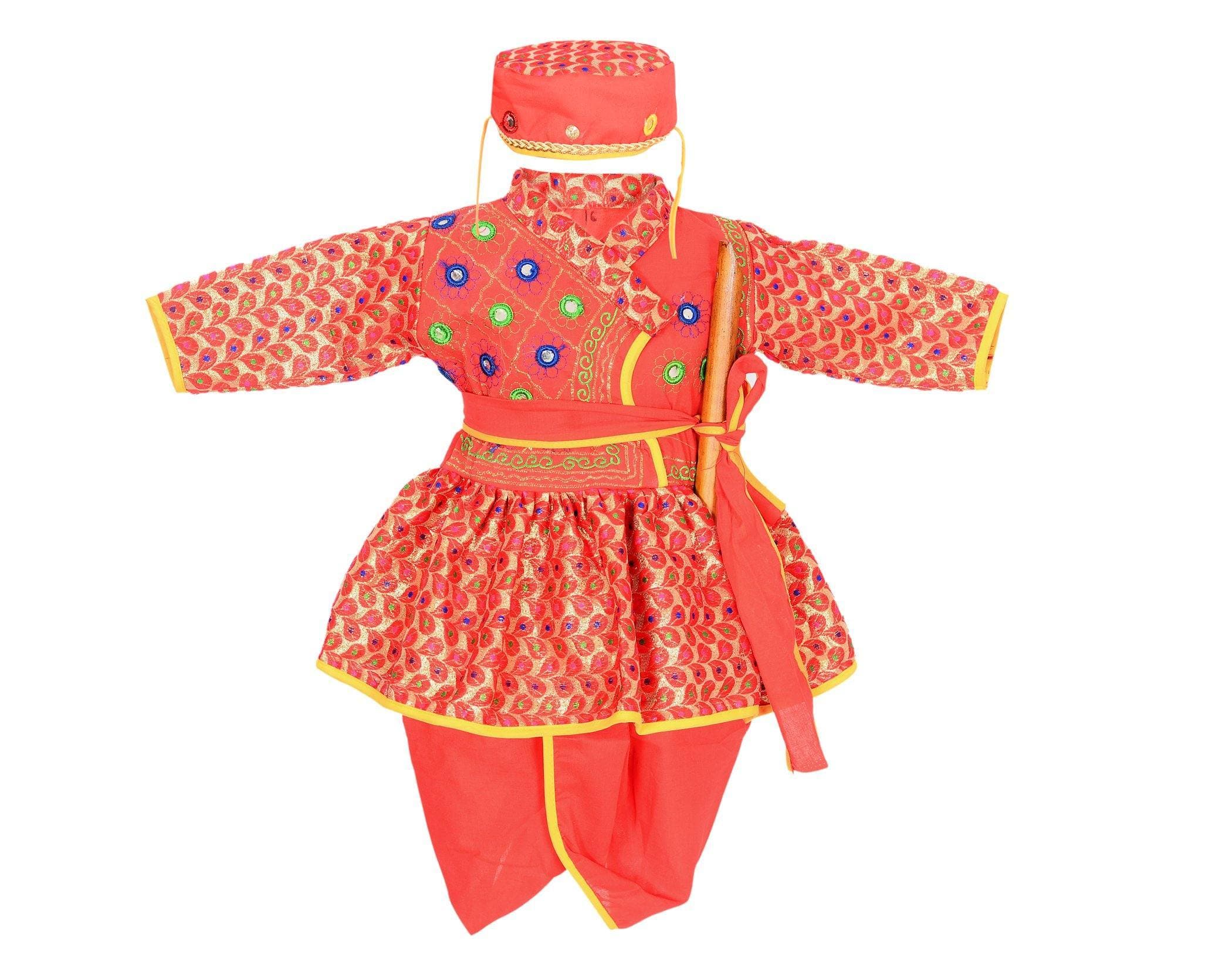 AHHAAAA Indian Traditional Gujarati Boy/Garba Dress | Cotton Ethnic Wear Angarakha and Dhoti Pant With Pagri & Flute Red