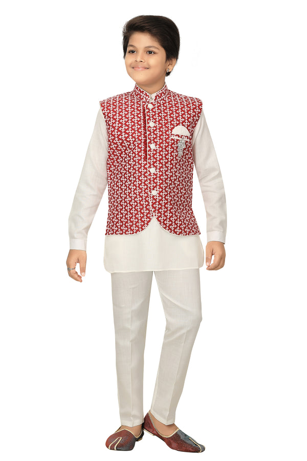 Ahhaaaa Kids Chikankari Embroidered Waistcoat Kurta and Pajama Set For Boys Maroon
