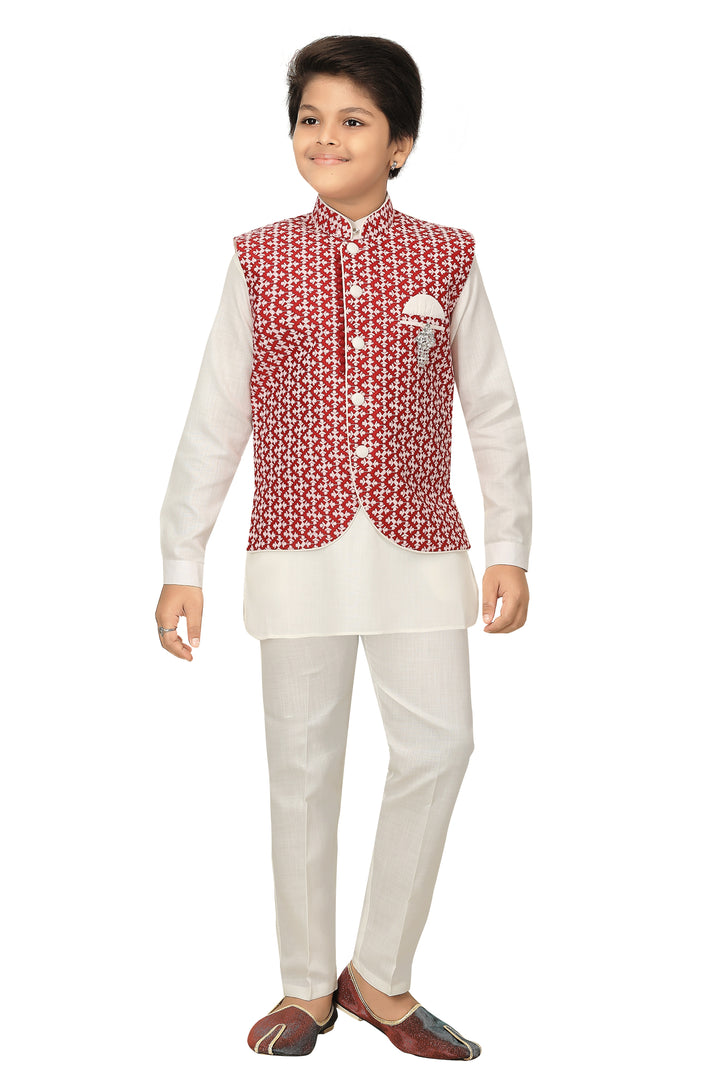 Ahhaaaa Kids Chikankari Embroidered Waistcoat Kurta and Pajama Set For Boys Maroon