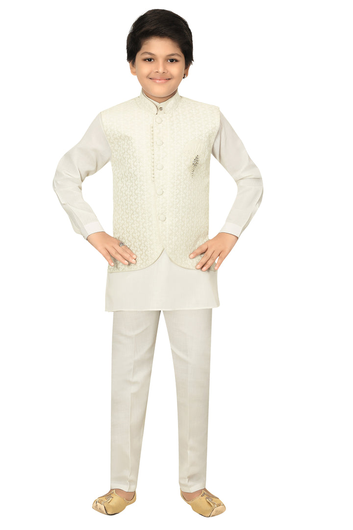 Ahhaaaa Kids Chikankari Embroidered Waistcoat Kurta and Pajama Set For Boys White