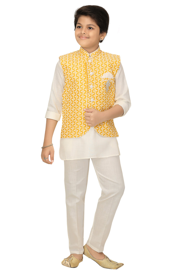Ahhaaaa Kids Chikankari Embroidered Waistcoat Kurta and Pajama Set For Boys