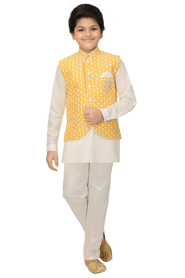 Ahhaaaa Kids Chikankari Embroidered Waistcoat Kurta and Pajama Set For Boys Yellow