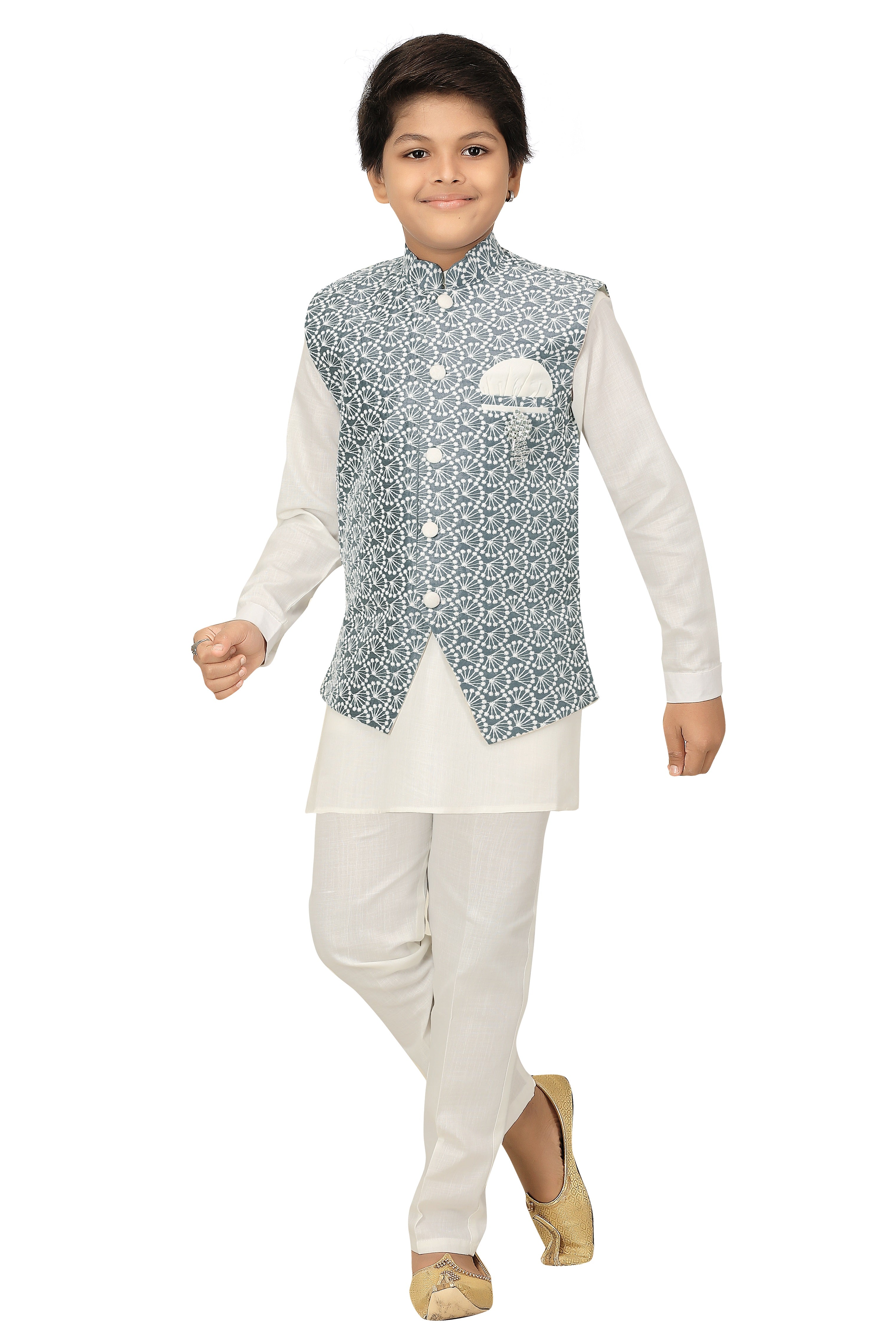 Ahhaaaa Kids Ethnic Chikankari Embroidery Waistcoat Kurta and Pajama Set For Boys
