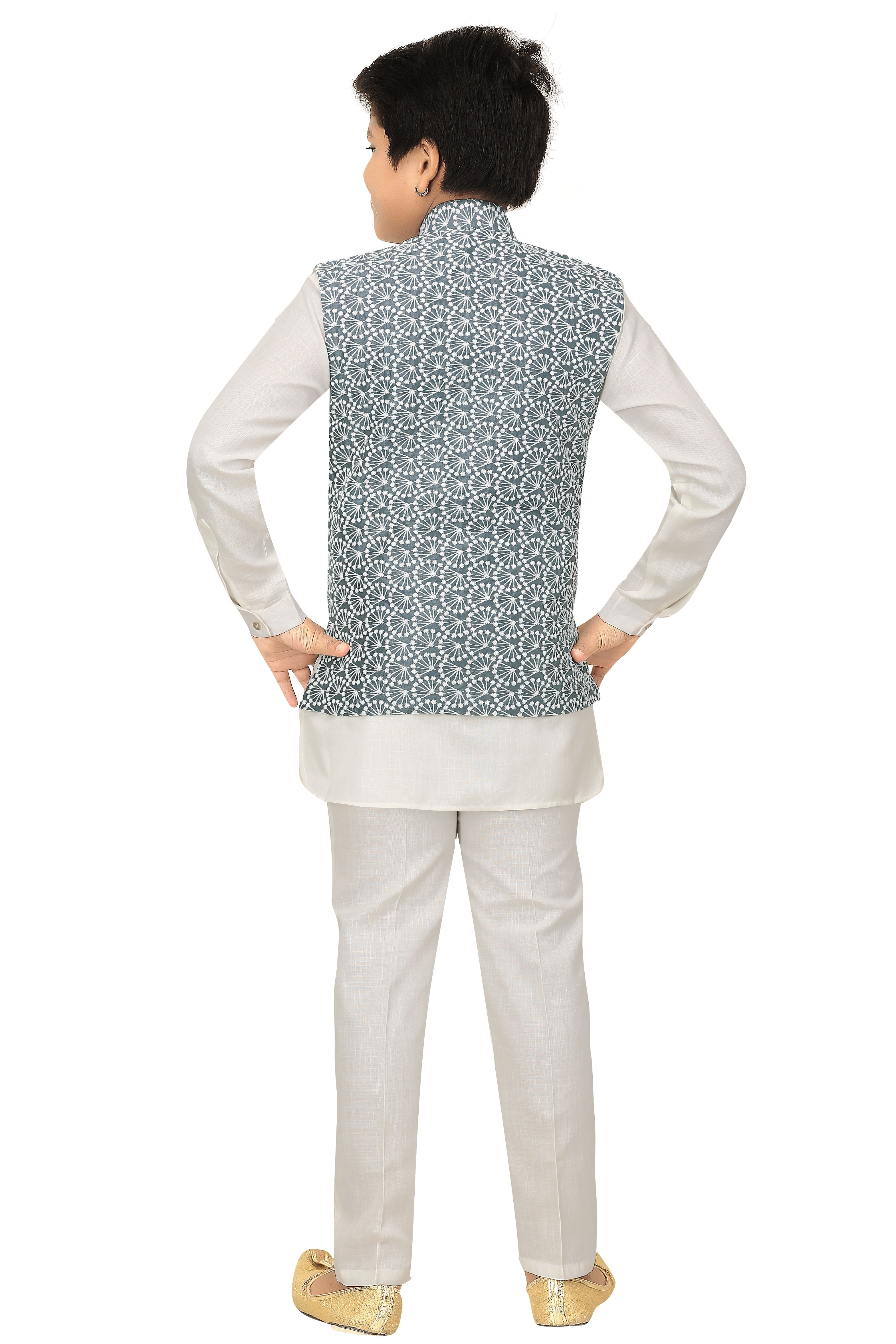 Ahhaaaa Kids Ethnic Chikankari Embroidery Waistcoat Kurta and Pajama Set For Boys