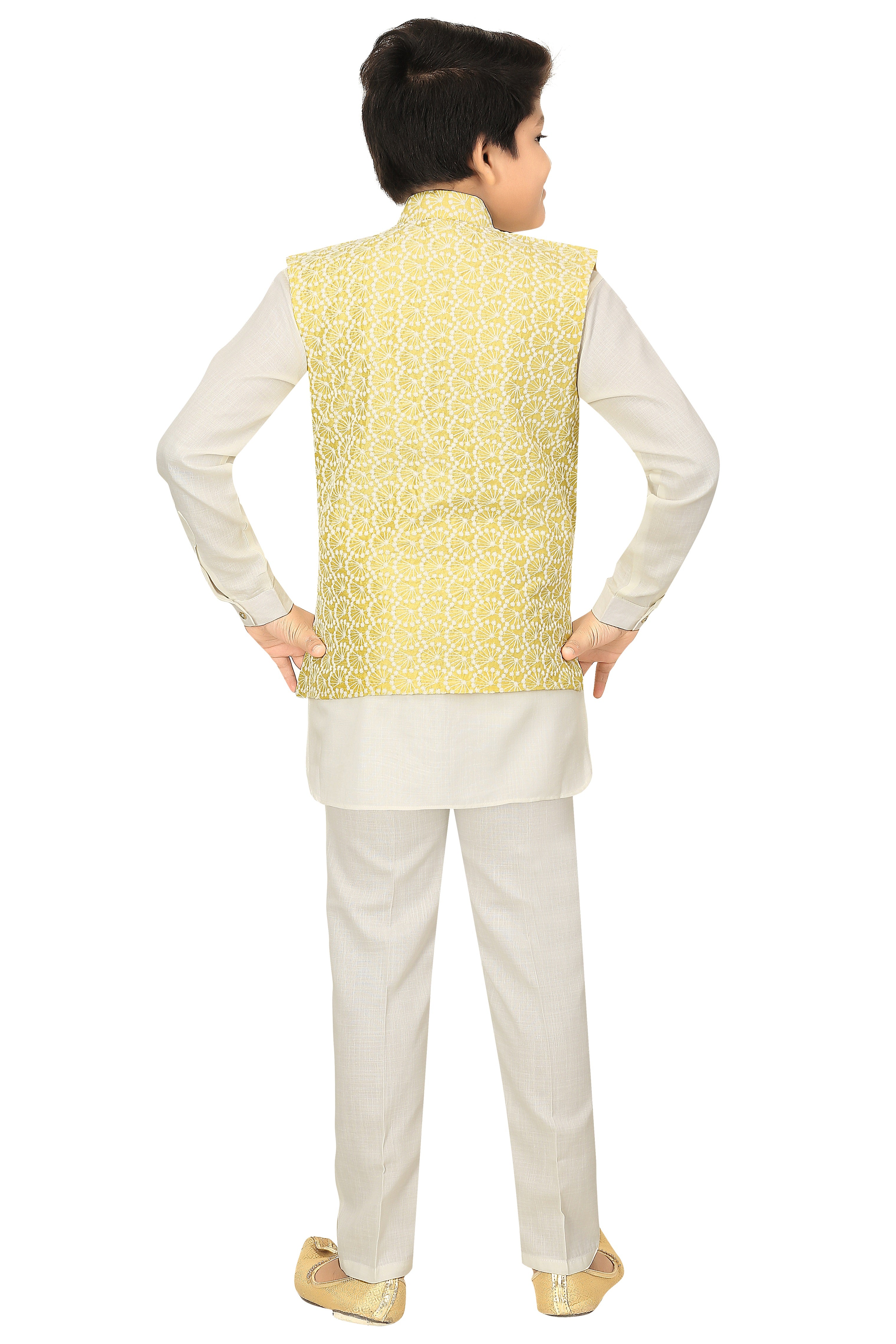 Ahhaaaa Kids Ethnic Chikankari Embroidery Waistcoat Kurta and Pajama Set For Boys