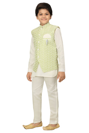 Ahhaaaa Kids Ethnic Chikankari Embroidery Waistcoat Kurta and Pajama Set For Boys