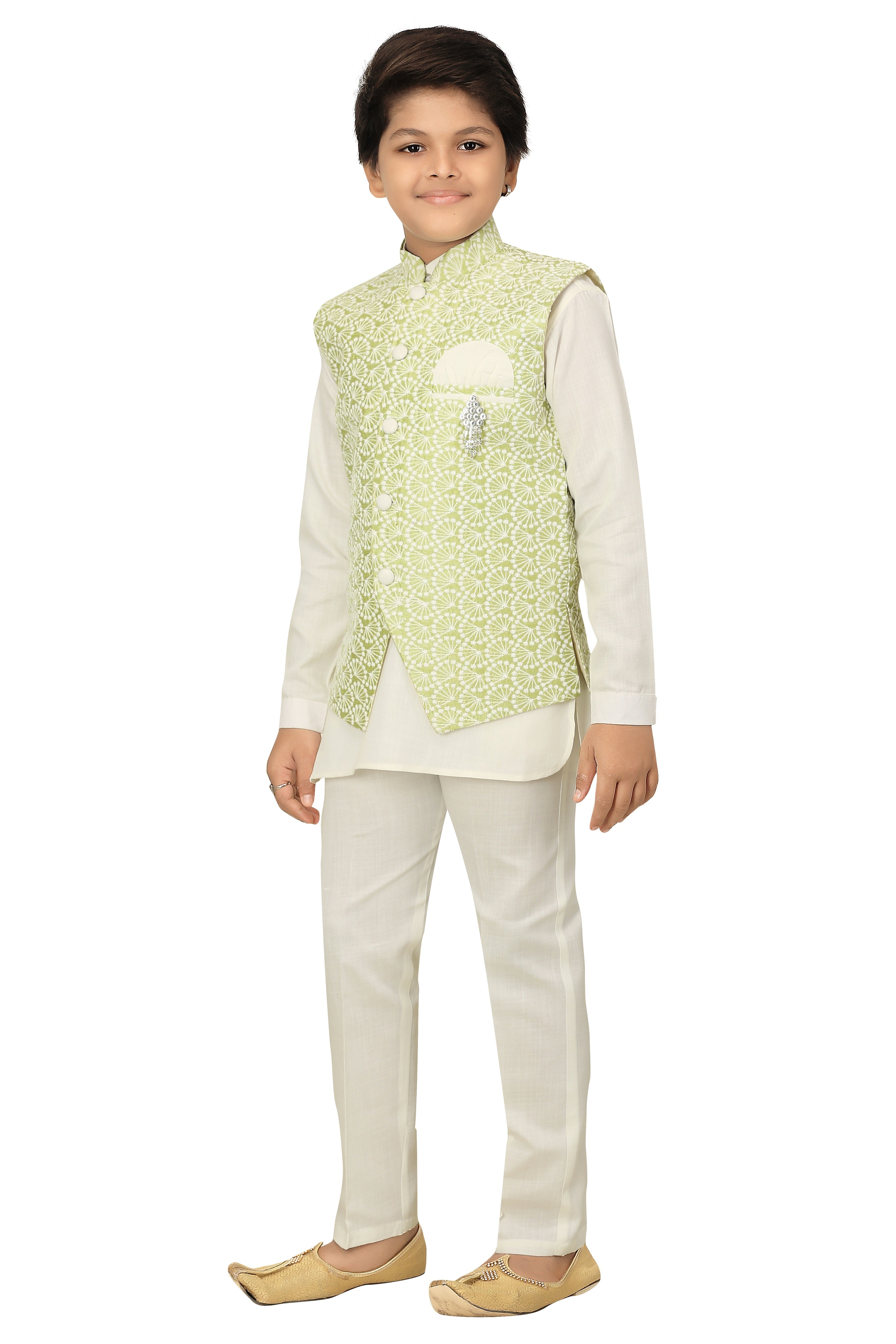 Ahhaaaa Kids Ethnic Chikankari Embroidery Waistcoat Kurta and Pajama Set For Boys