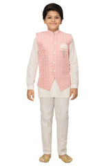 Ahhaaaa Kids Ethnic Chikankari Embroidery Waistcoat Kurta and Pajama Set For Boys Pink