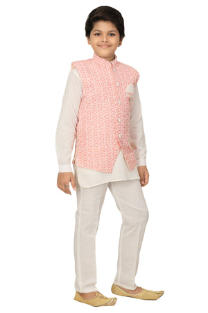 Ahhaaaa Kids Ethnic Chikankari Embroidery Waistcoat Kurta and Pajama Set For Boys