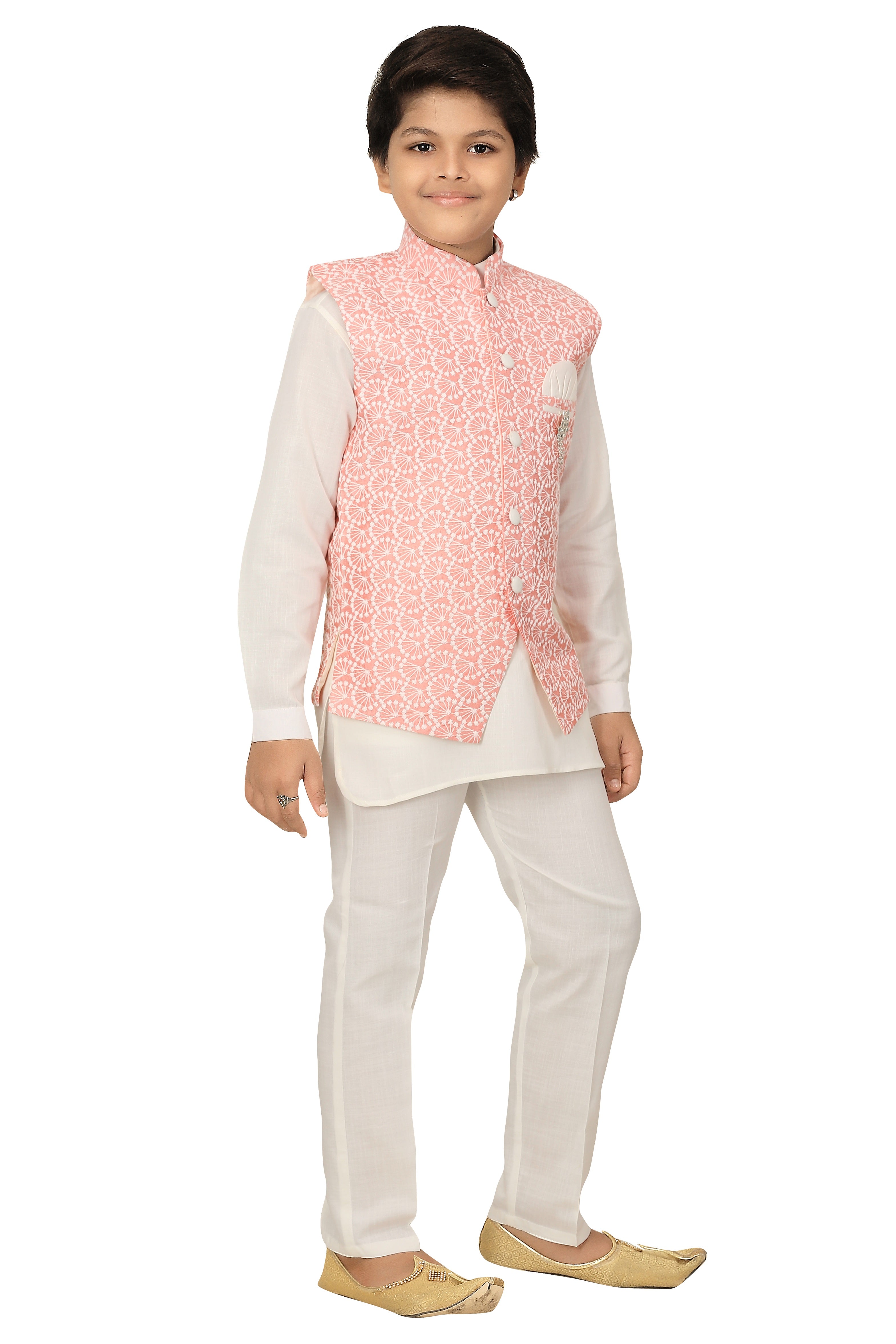 Ahhaaaa Kids Ethnic Chikankari Embroidery Waistcoat Kurta and Pajama Set For Boys