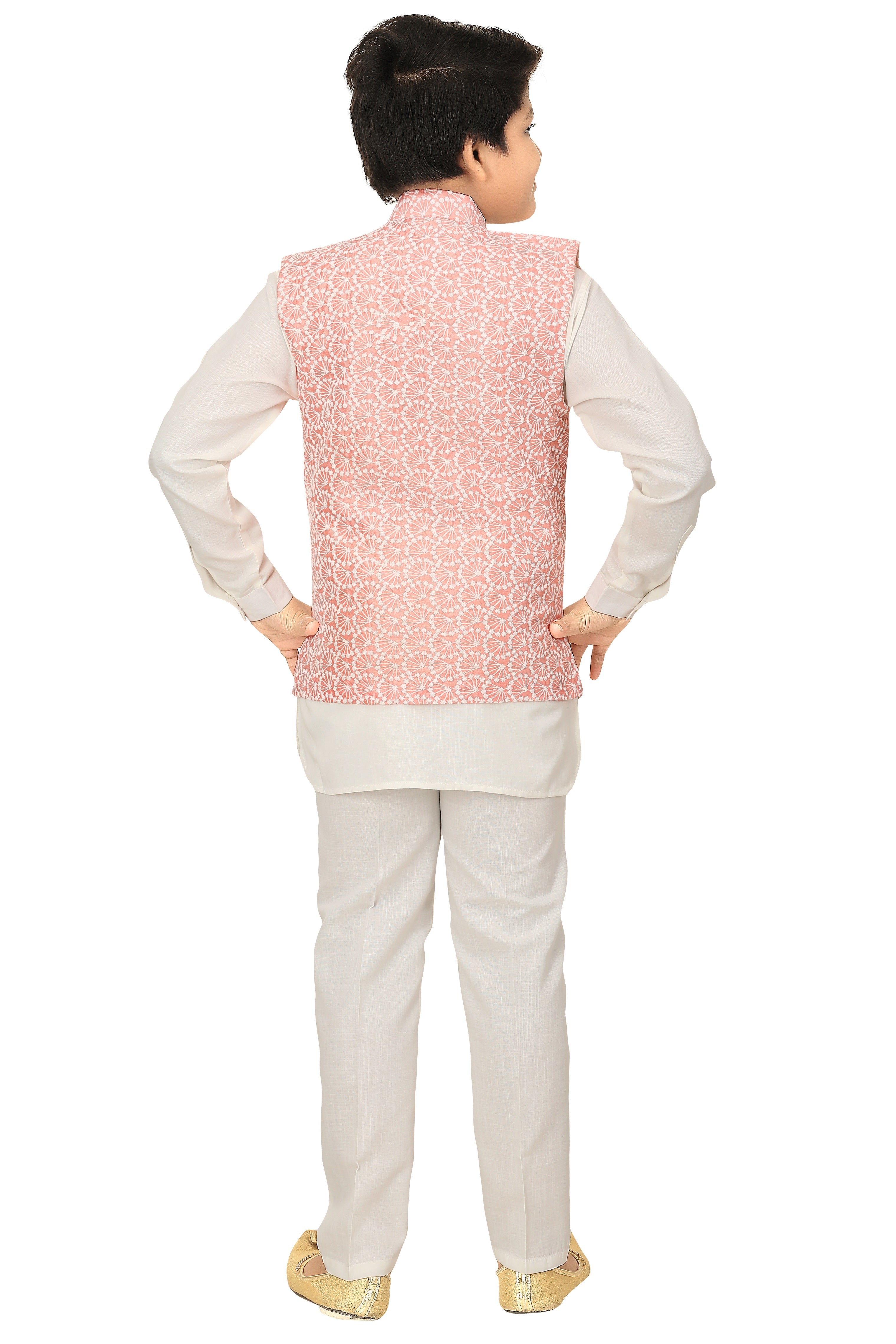Ahhaaaa Kids Ethnic Chikankari Embroidery Waistcoat Kurta and Pajama Set For Boys