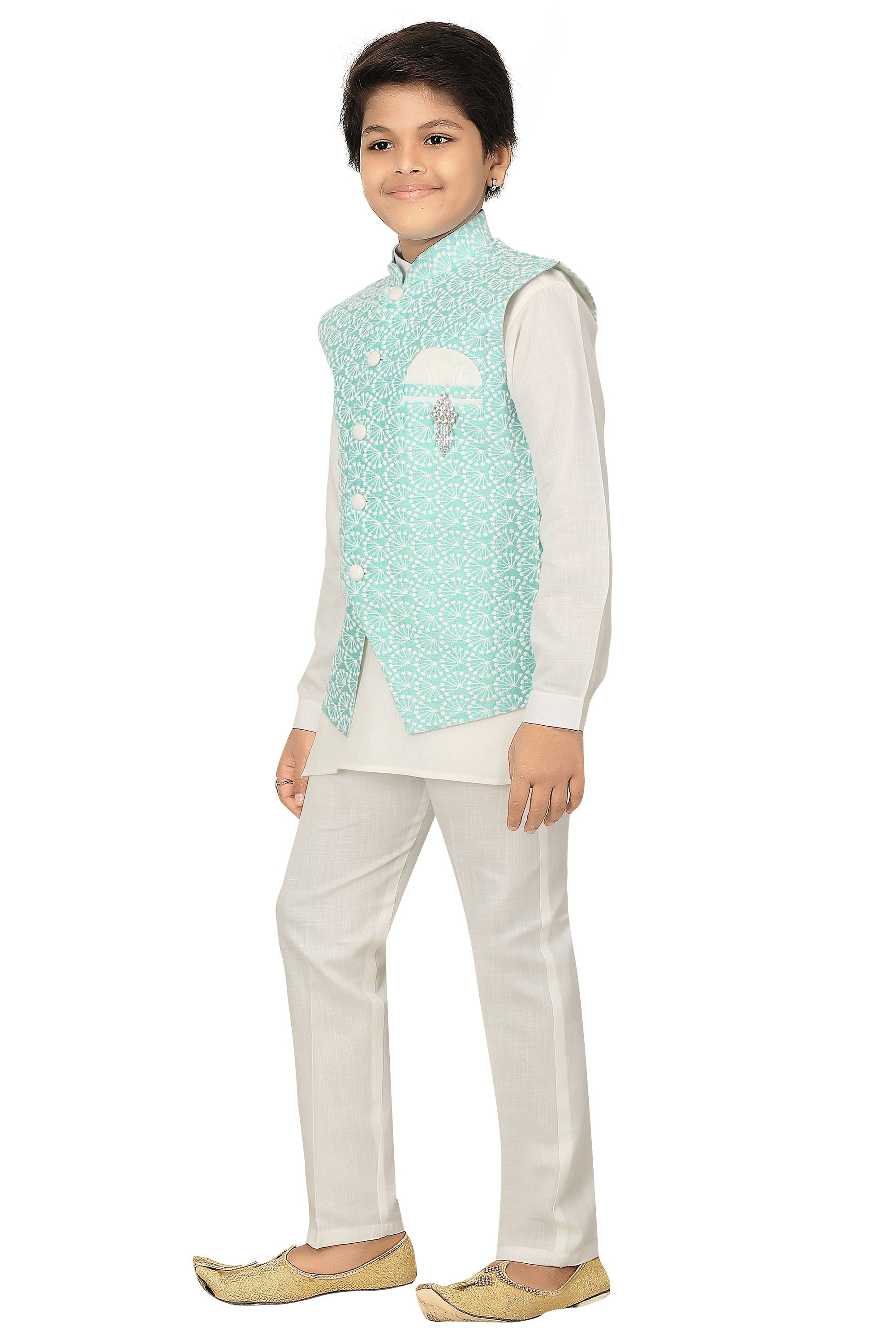 Ahhaaaa Kids Ethnic Chikankari Embroidery Waistcoat Kurta and Pajama Set For Boys