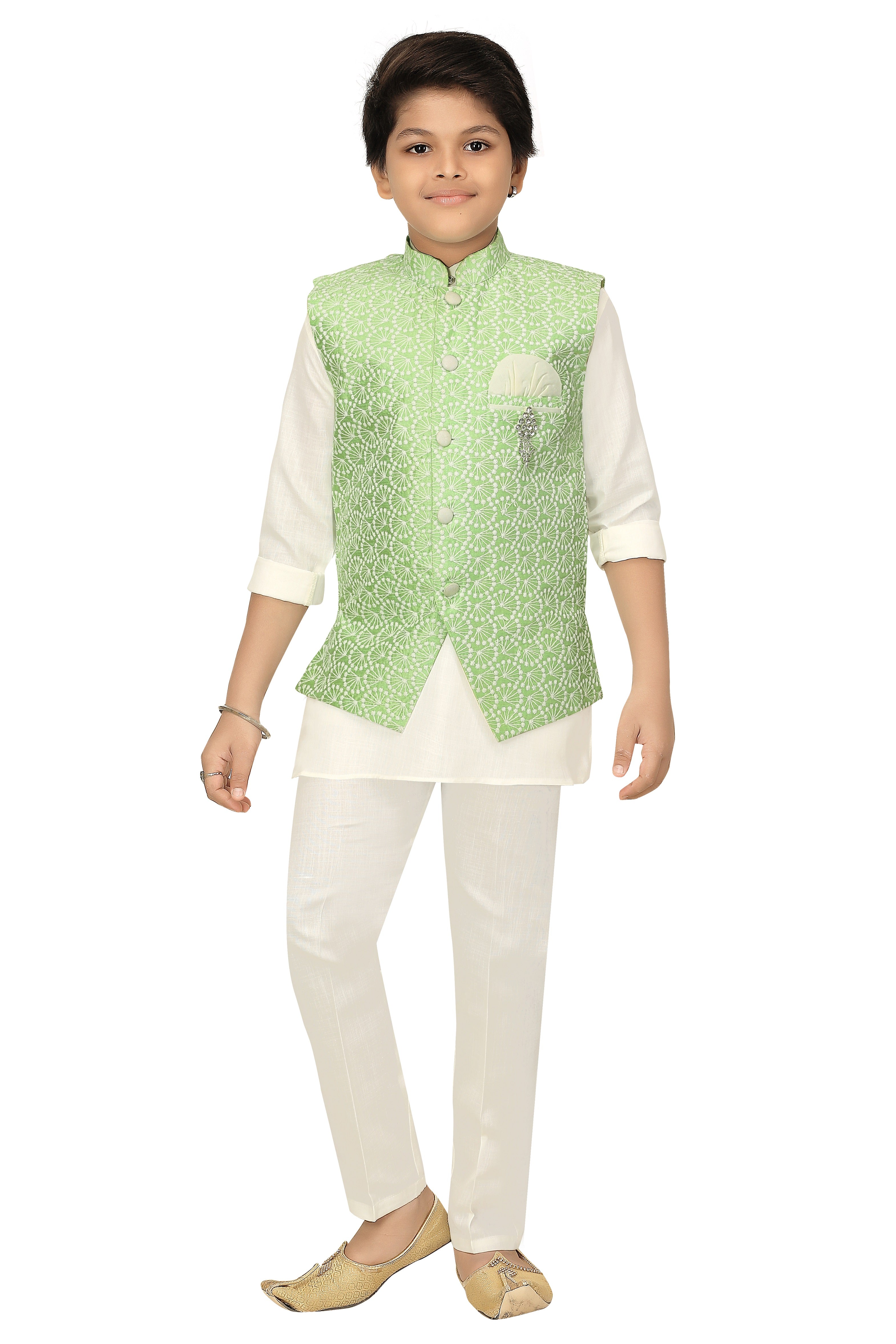 Ahhaaaa Kids Ethnic Chikankari Embroidery Waistcoat Kurta and Pajama Set For Boys