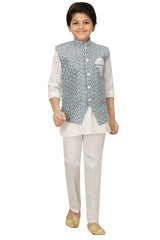 Ahhaaaa Kids Ethnic Chikankari Embroidery Waistcoat Kurta and Pajama Set For Boys Grey
