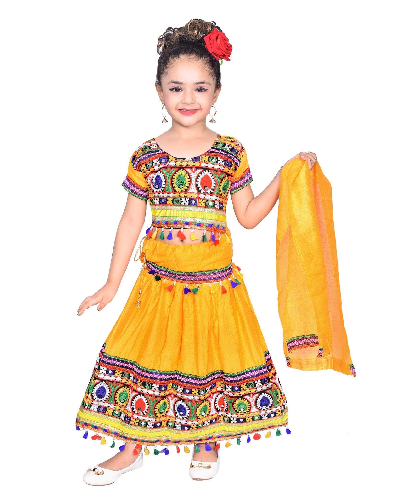 Ahhaaaa Kids Ethnic Cotton Blend Radha Dress Lehenga Choli Chania Choli Set Baby Girls Yellow