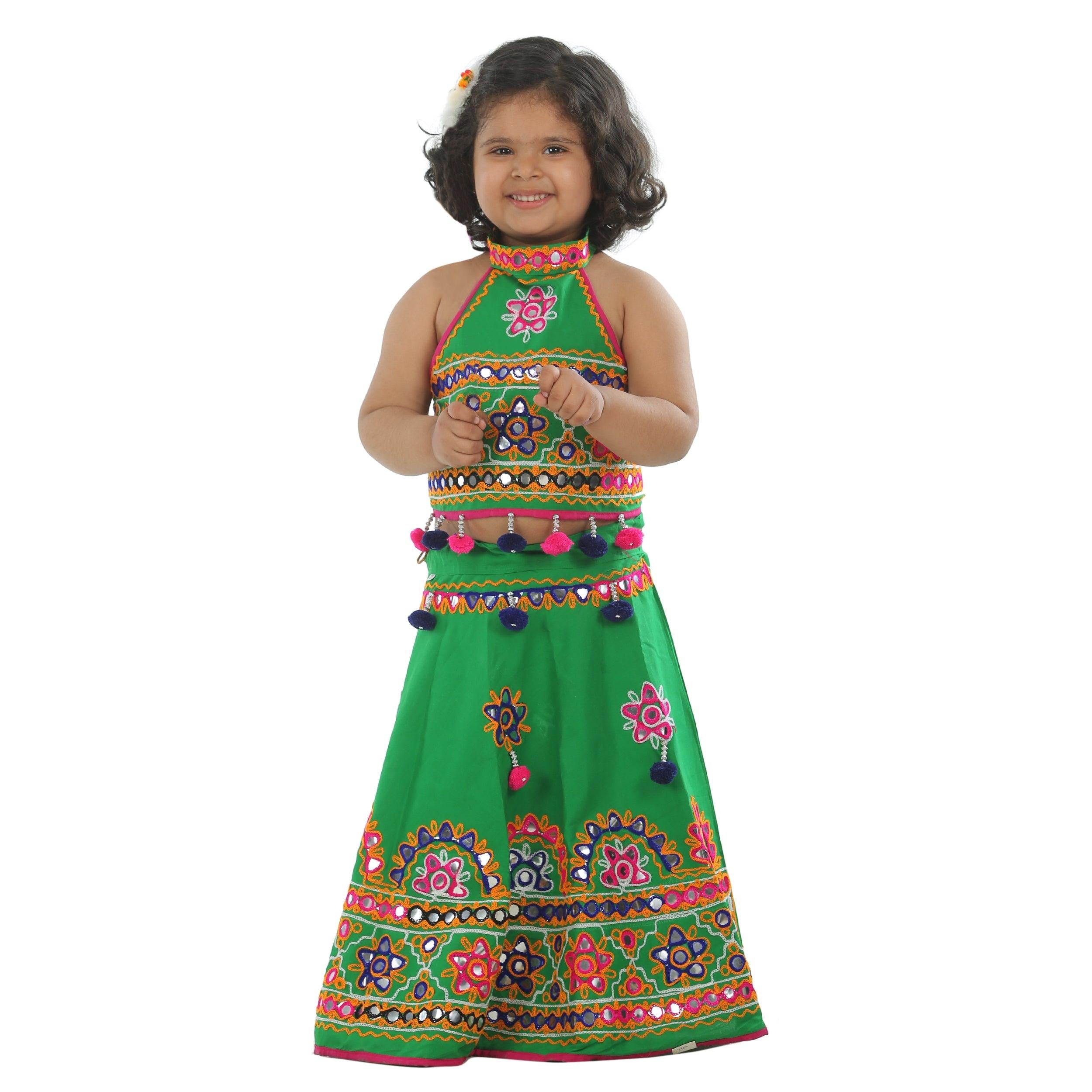 Ahhaaaa Kids Ethnic Cotton Blend Radha Dress Lehenga Choli Chania Choli Set For Baby Girls Green