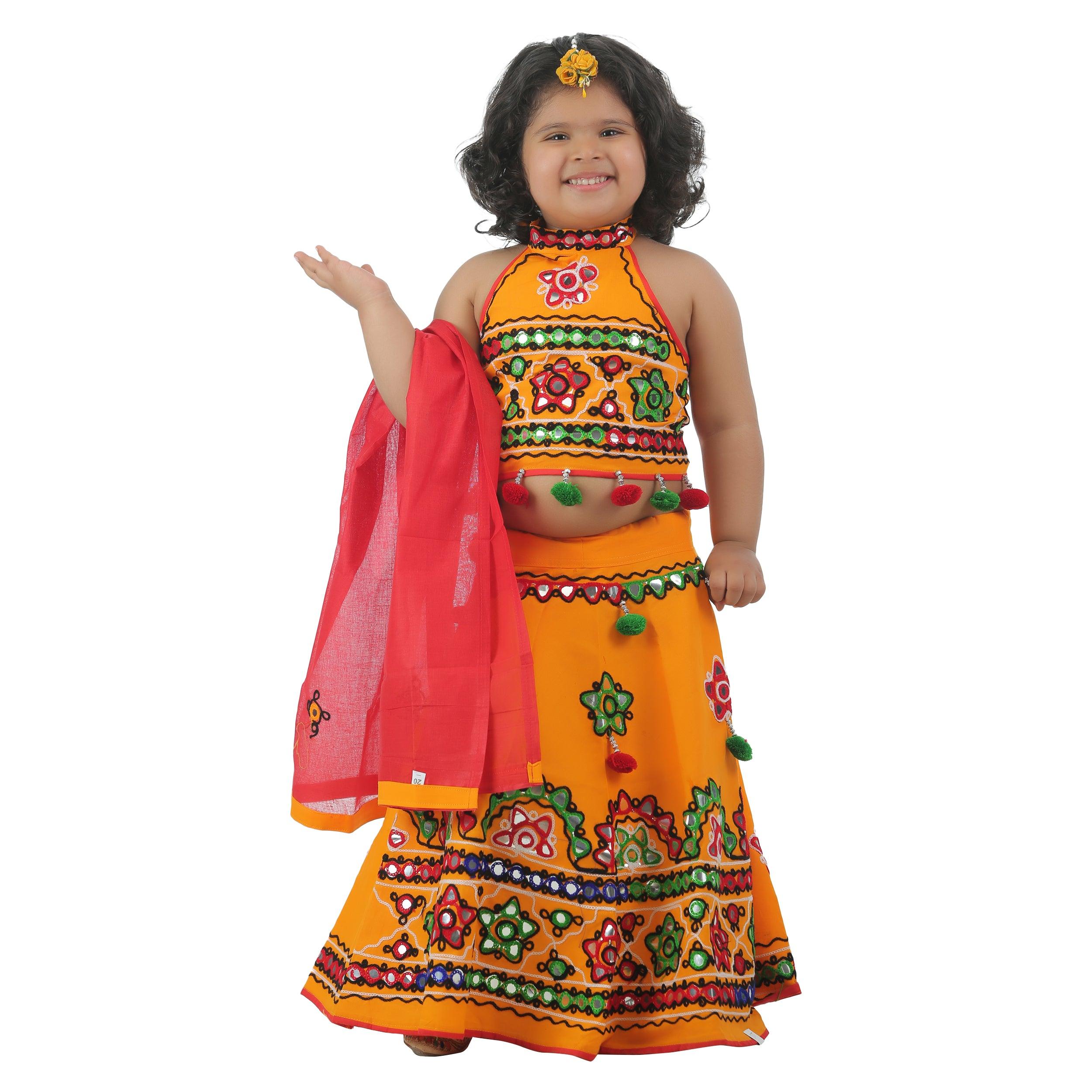 Ahhaaaa Kids Ethnic Cotton Blend Radha Dress Lehenga Choli Chania Choli Set For Baby Girls Yellow